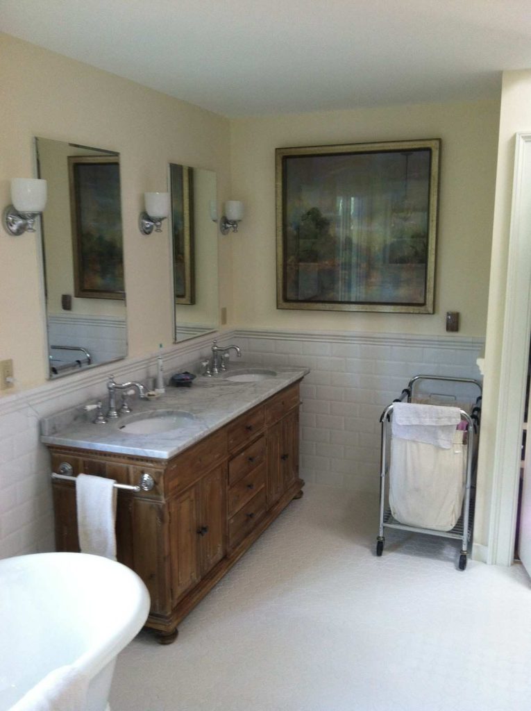 Bathroom renovation modern tile and fixtures installed by LeBlanc Contracting