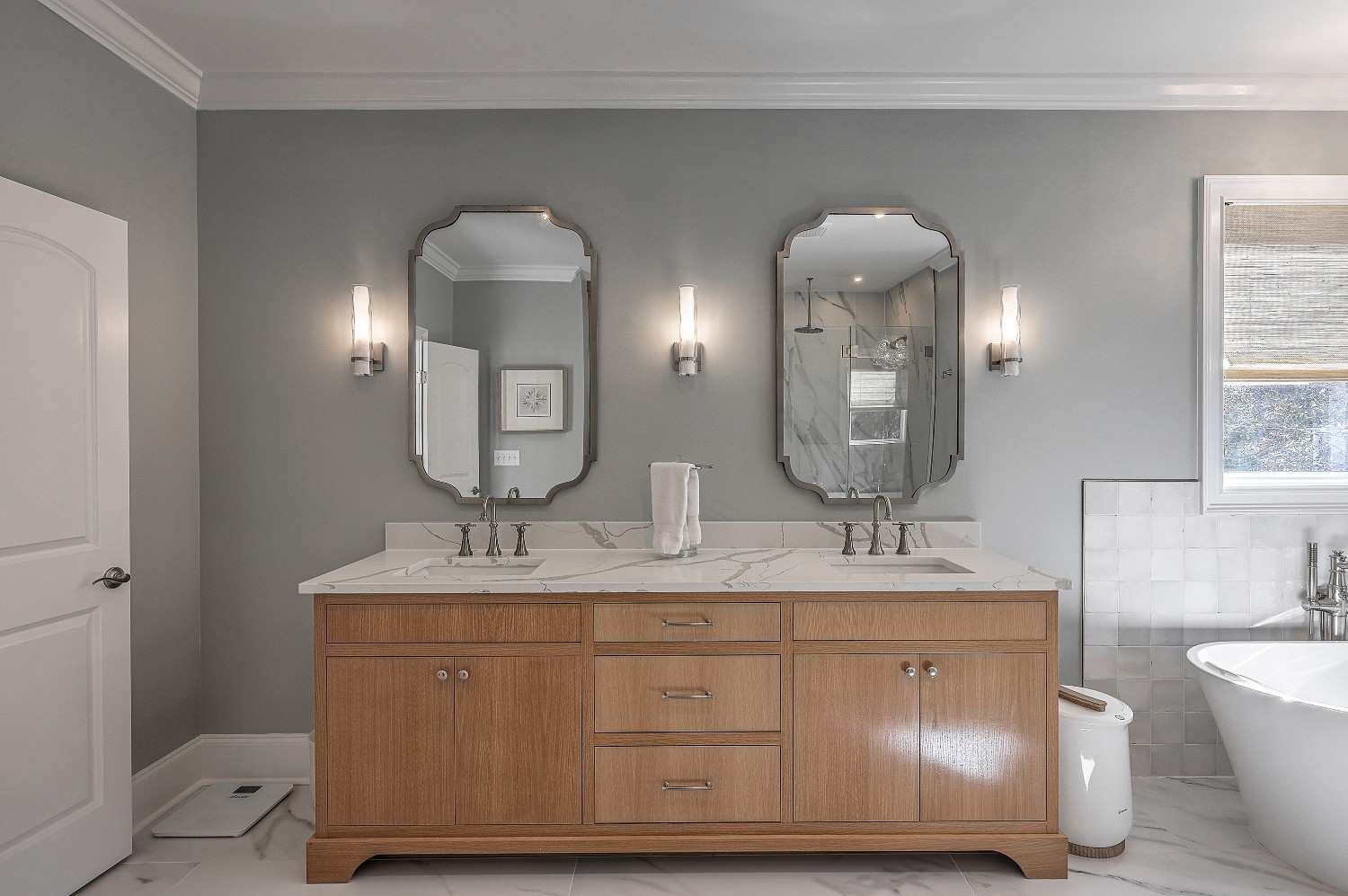 Bathroom remodel custom tile, vanity, and shower by LeBlanc Contracting