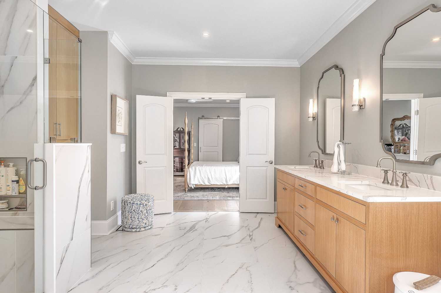 Bathroom remodel custom tile, vanity, and shower by LeBlanc Contracting