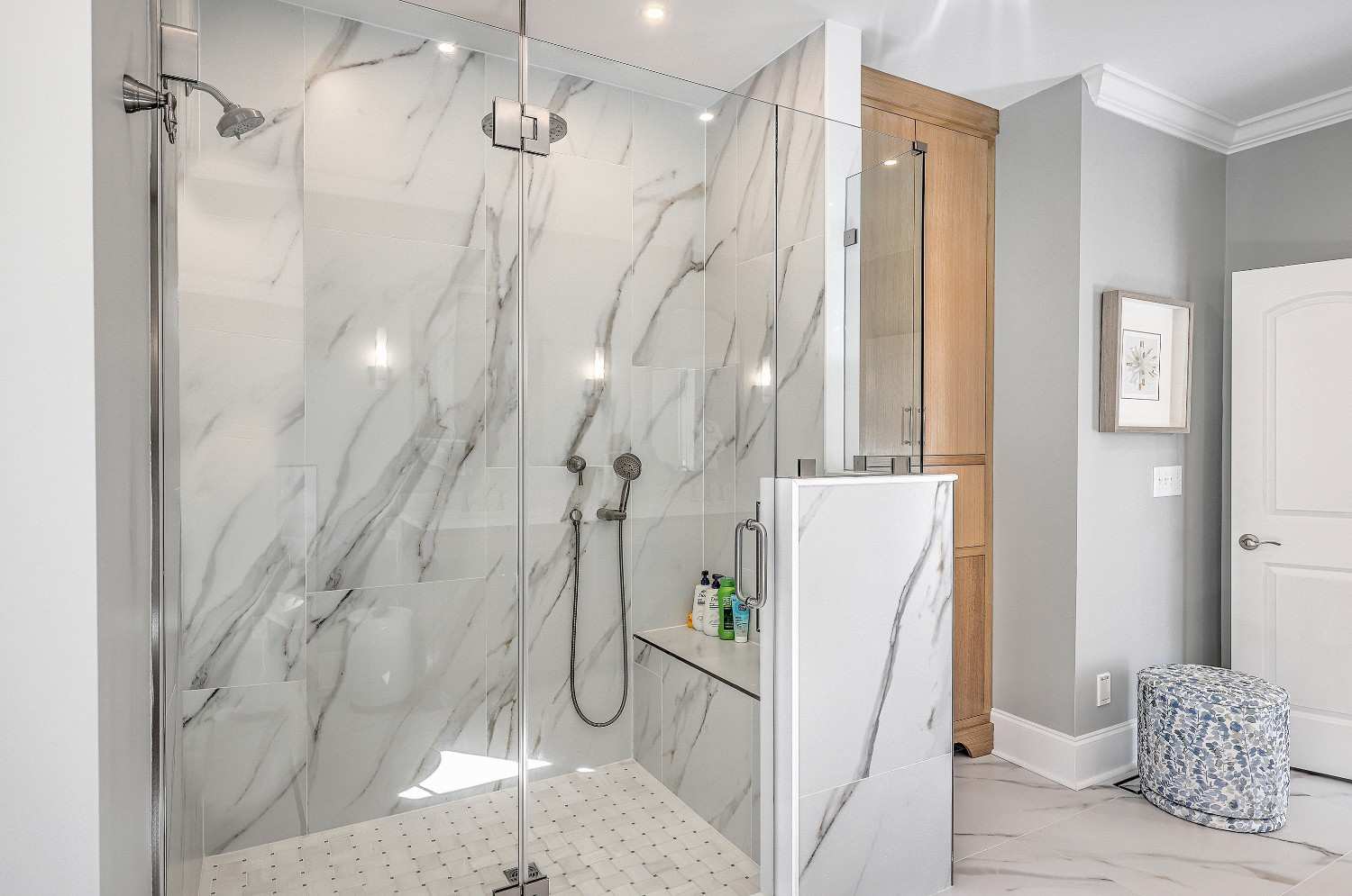 Bathroom remodel custom tile, vanity, and shower by LeBlanc Contracting