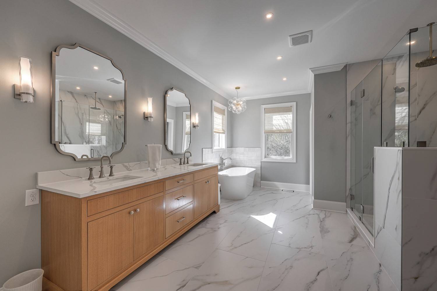 Bathroom remodel custom tile, vanity, and shower by LeBlanc Contracting