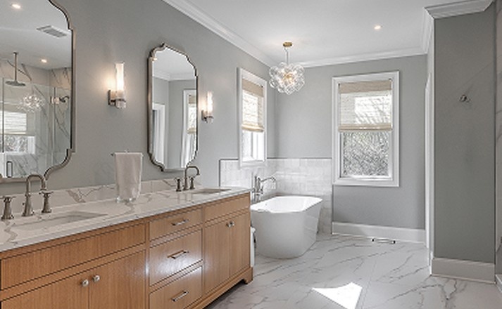 Bathroom renovation modern tile and fixtures installed by LeBlanc Contracting