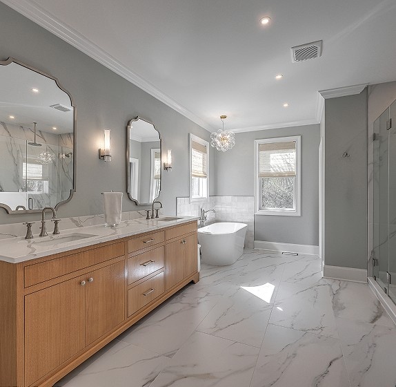 Bathroom remodel custom tile, vanity, and shower by LeBlanc Contracting