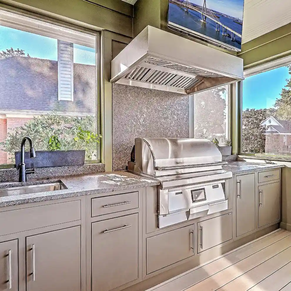 Outdoor kitchen build in Hidden Lake Charleston SC – built-in grill, granite counters and custom cabinets by LeBlanc Contracting